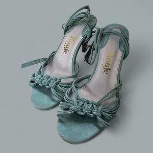 NEW Rouje Olympia Sandal Heels Suede Mint Blue, Sz FR: 38 US 7.5